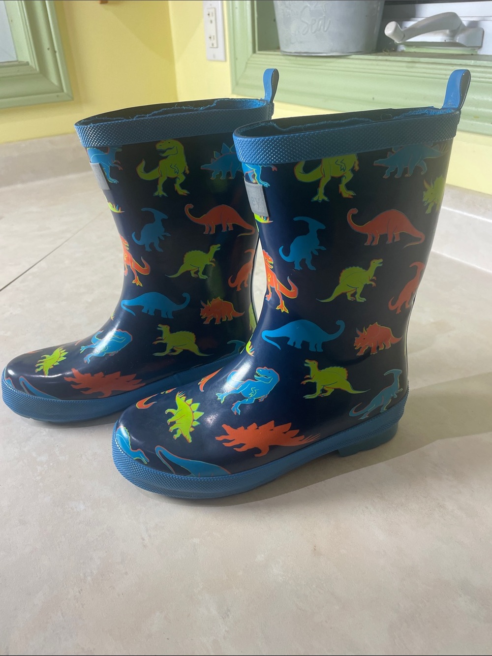 Hatley Kids Navy Dinosaur Rain Boots - Blue Trim Size 1